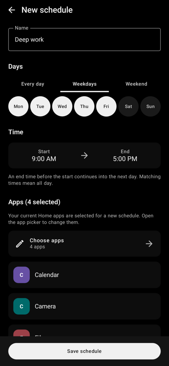 VoidLauncher schedule editor selecting apps for weekday working hours